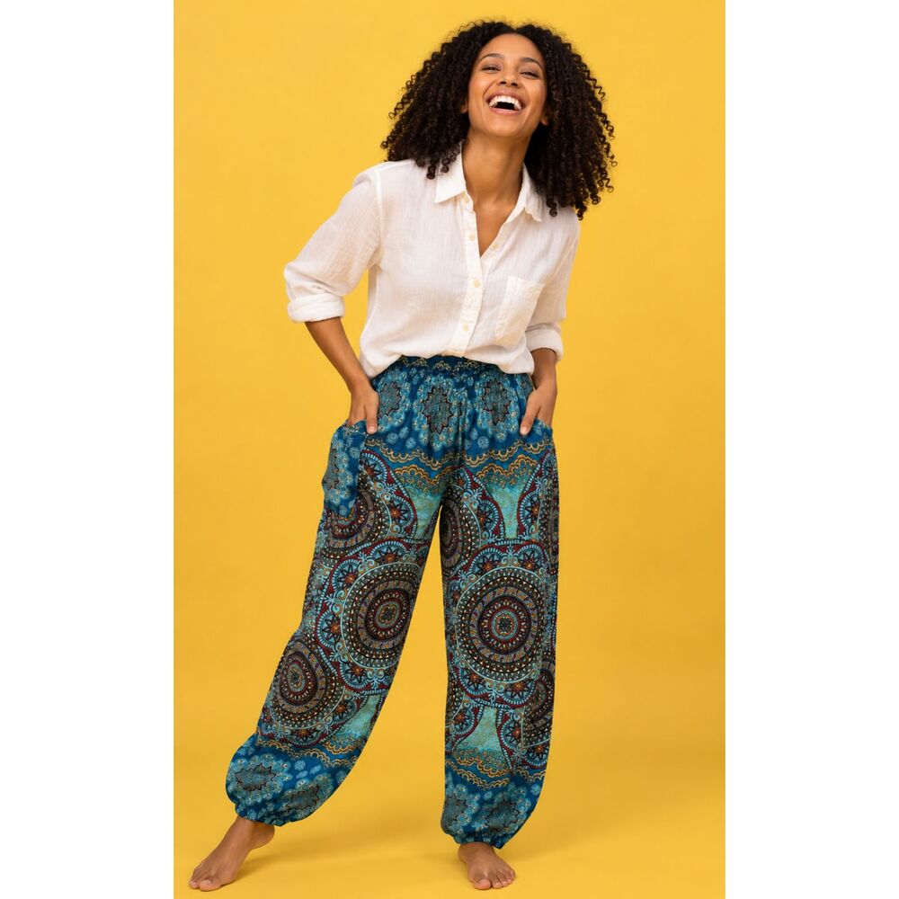Blue Paisley Mandala Print Rayon Harem Pants Small/Medium (Fits Small)